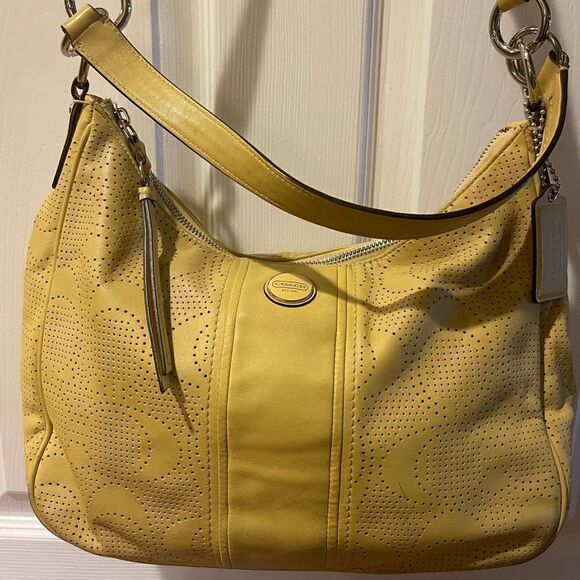 COACH Signature Stripe Convertible Hobo Bag yelow Perforated Leather F23241 - Picture 6 of 15
